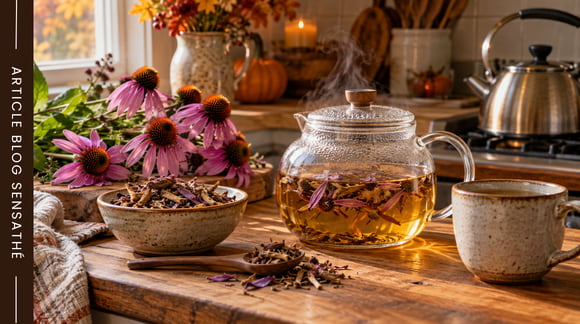 Infusion d’échinacée pourpre préparée en tisane pour les défenses immunitaires - Herboristerie Sensathé Infusion d’échinacée pourpre préparée en tisane pour les défenses immunitaires - Herboristerie Sensathé